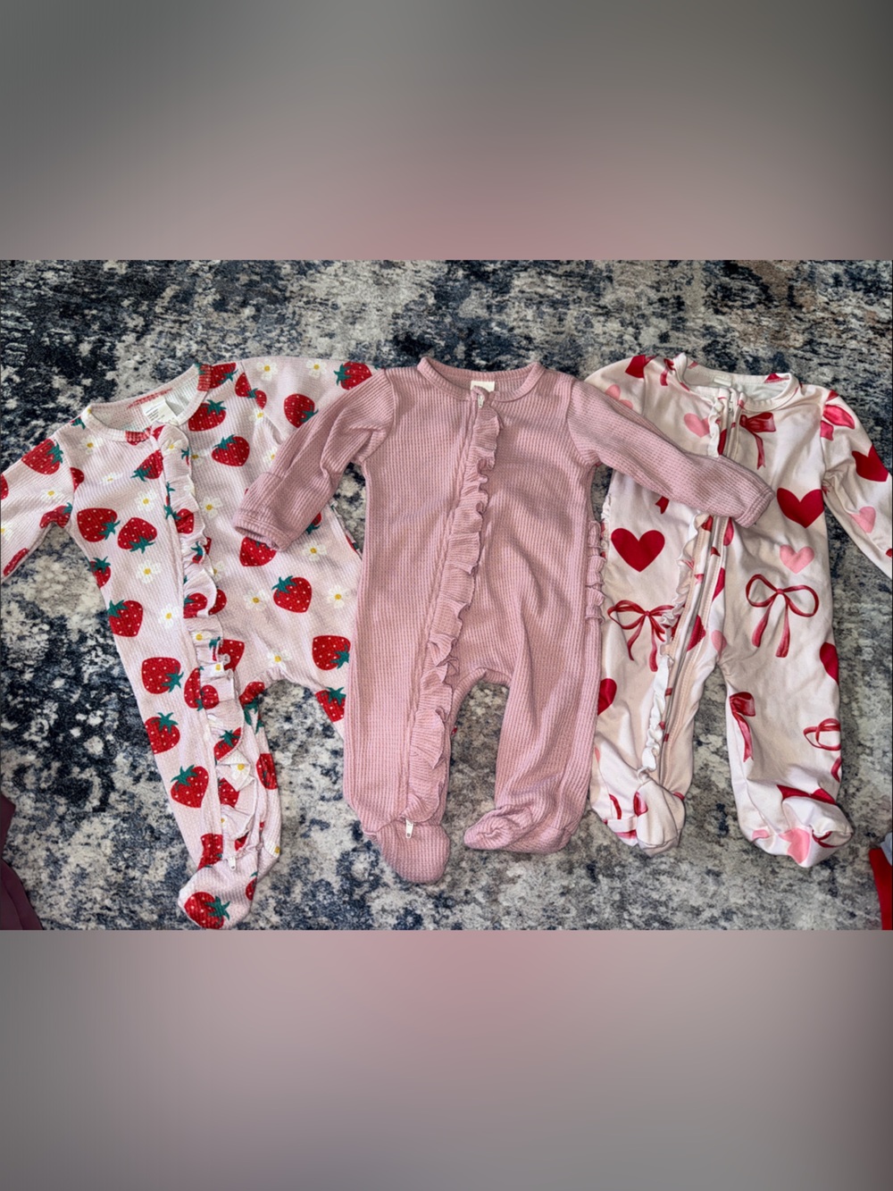 Pink Strawberry & Heart Print Ruffled Baby One-Piece Pack